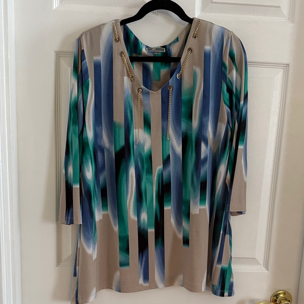 JM Collection Beige Tunic with Blue & Green Abstract Stripe and Gold Chain